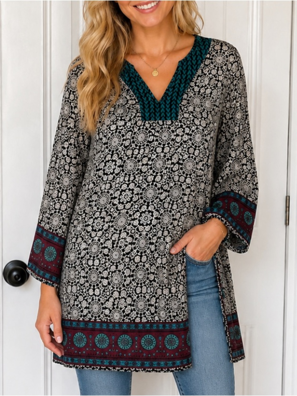 Sketchbook Teal & Black Printed V-Neck Tunic Top/Dress. Size Medium.